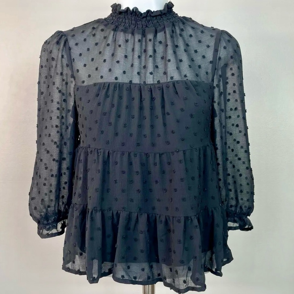 Monteau Black Swiss Dot Tiered Smocked Mock Neck Blouse